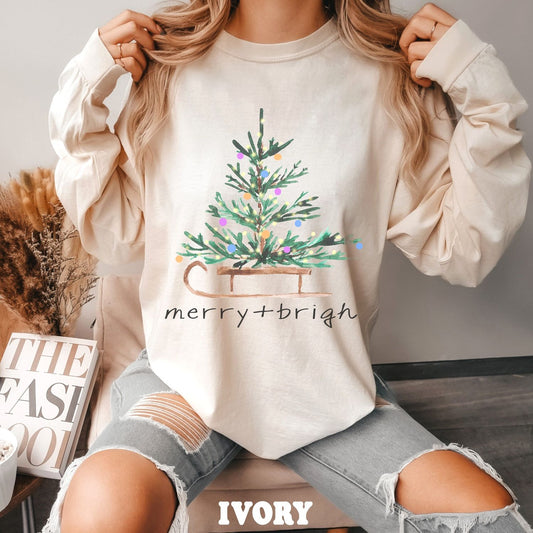 Merry & Bright Christmas Tree Long Sleeve Shirt For Women