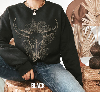 Boho Bull Skull Sweatshirt - Western Country Cowgirl Hoodie