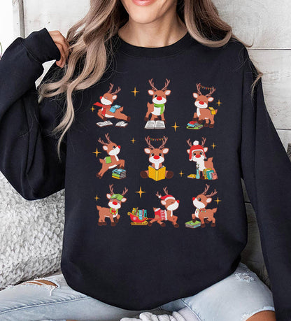 Cute Reindeer Reading Book Christmas Teacher Librarian Tee