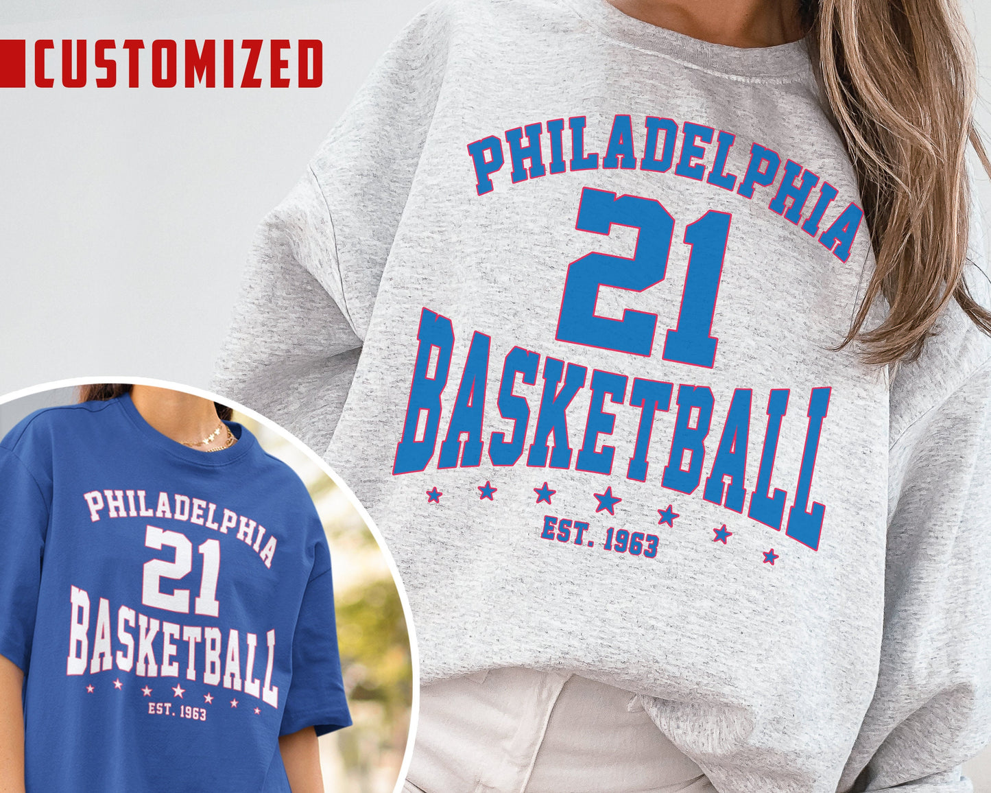 Customized Philadelphia 76Ers Basketball Crewneck Sweatshirt T-Shirt