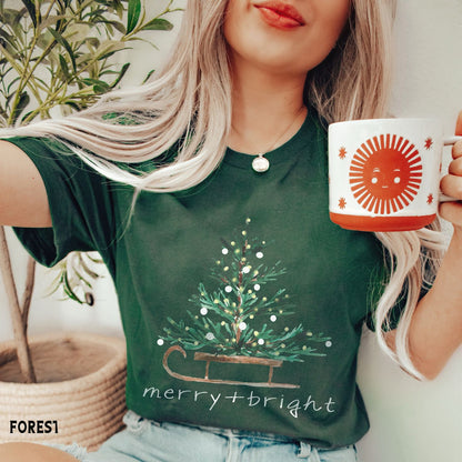 Merry And Bright Christmas Tee Shirt For Women - Holiday Top