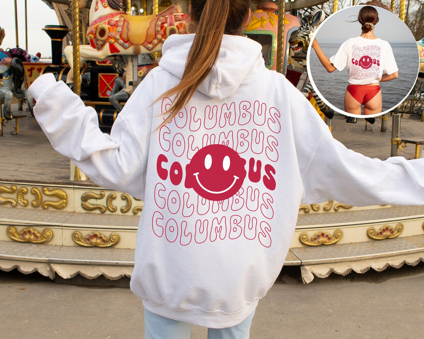 Columbus Shirt & Smiley Face Hoodie Emoji Crewneck Sweatshirt Combo