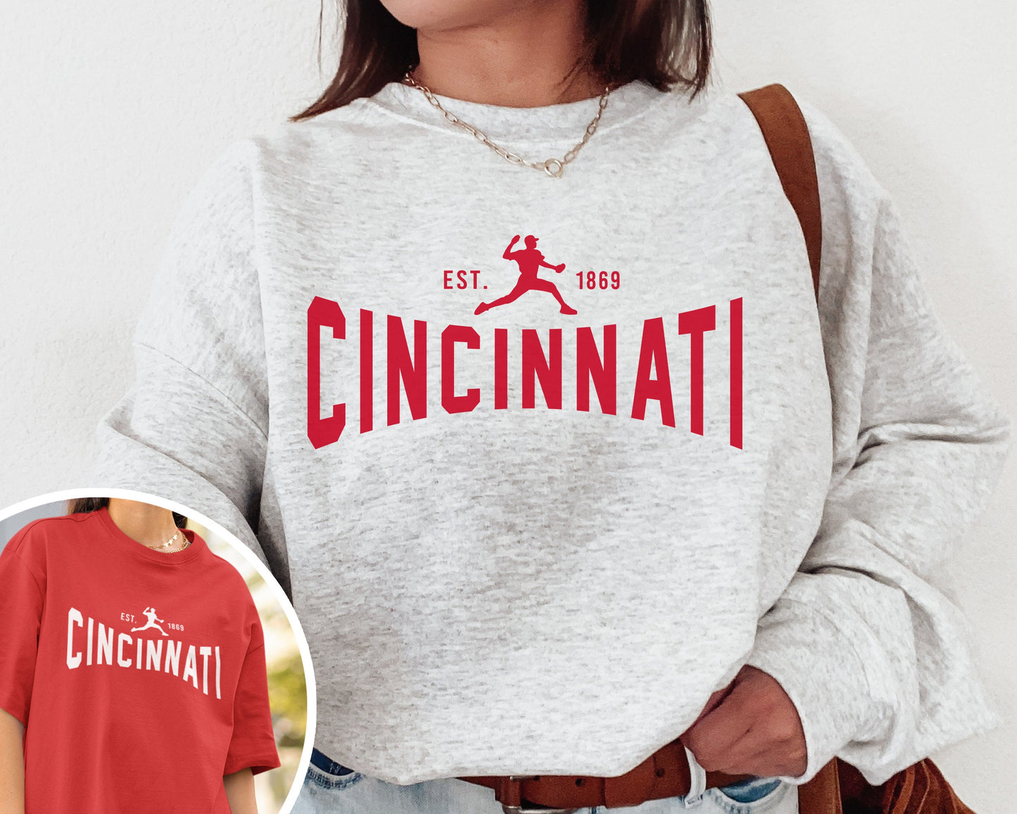 Cincinnati Red Crewneck Sweatshirt T-Shirt Vintage Retro Baseball