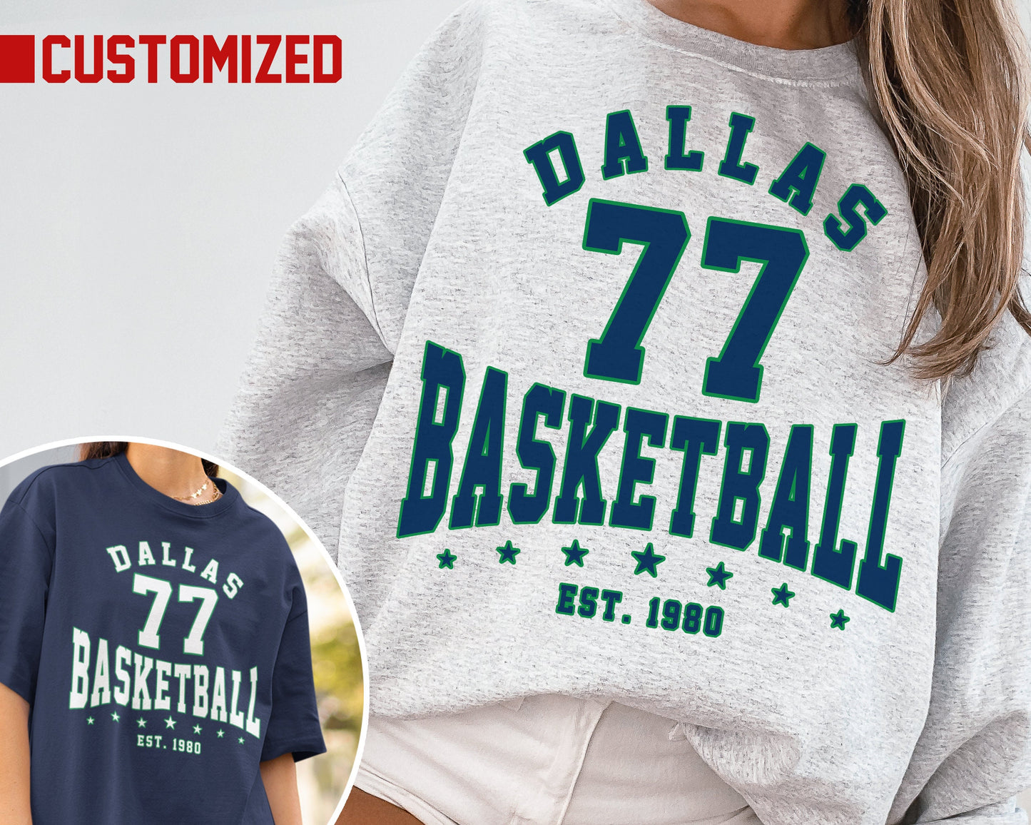 Customized Dallas Mavericks Crewneck Sweatshirt Vintage Basketball T-Shirt