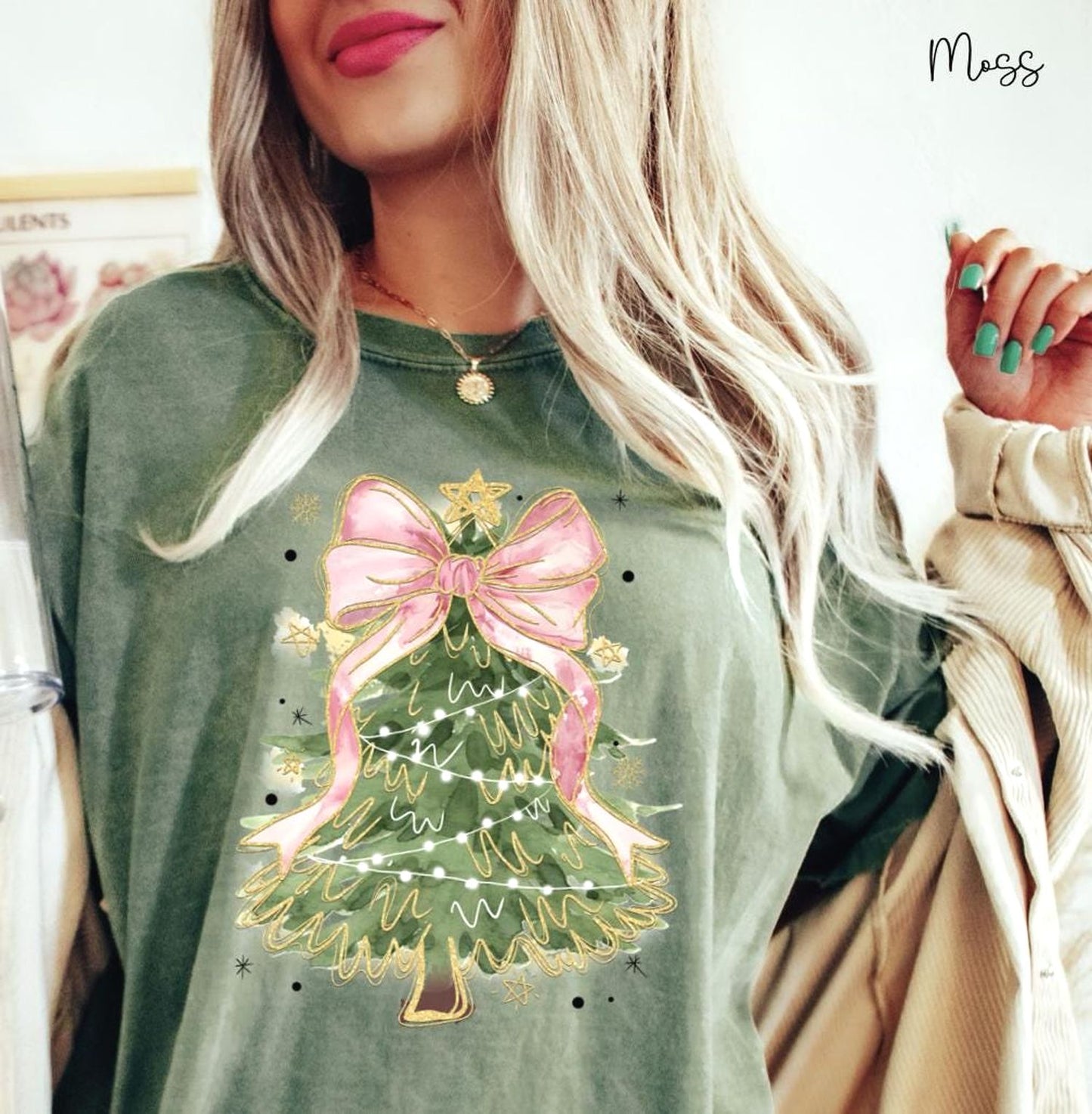 Comfort Colors Christmas Tree Shirt for Women with Pink Bow