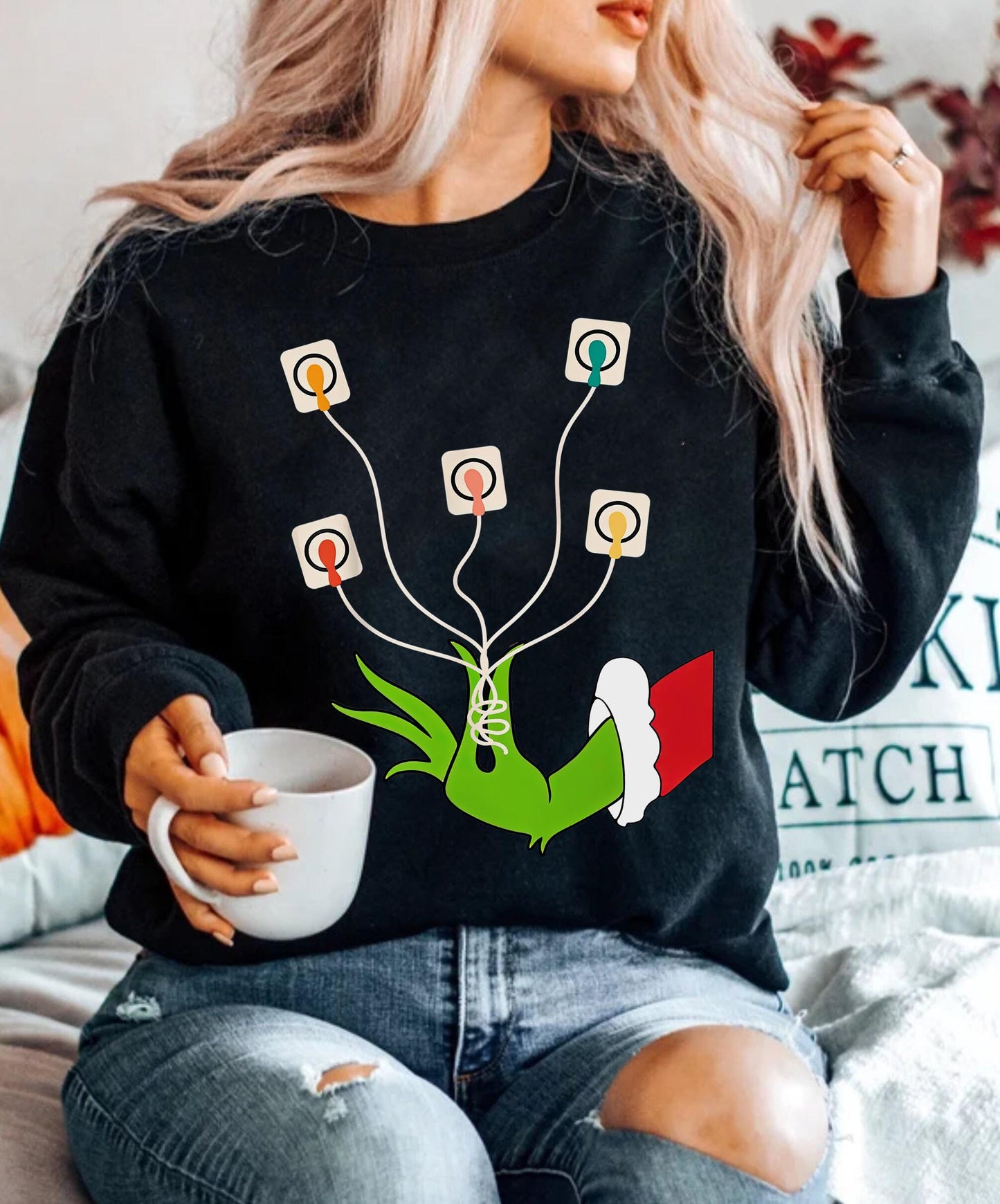 Funny Christmas Lights Ekg Leads Sweatshirt For Nurses