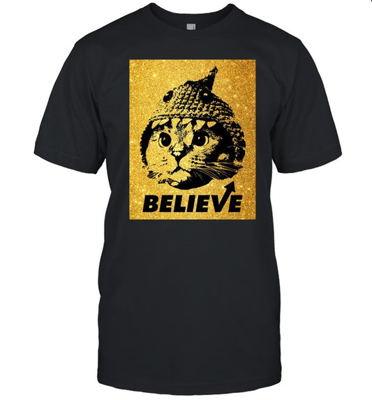 Believe Gold Shark Cat Tee Shirt