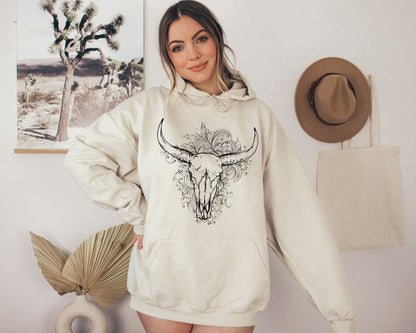 Boho Bull Skull Sweatshirt - Western Country Cowgirl Hoodie