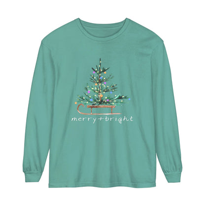 Merry & Bright Christmas Tree Long Sleeve Shirt For Women