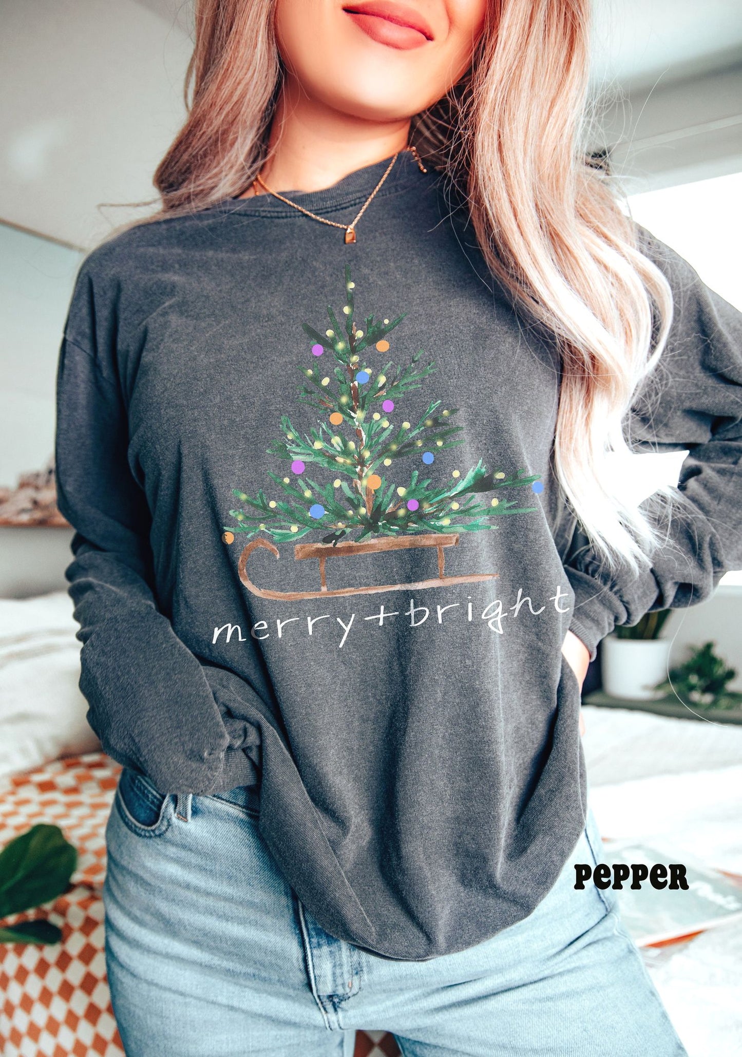 Merry & Bright Christmas Tree Long Sleeve Shirt For Women