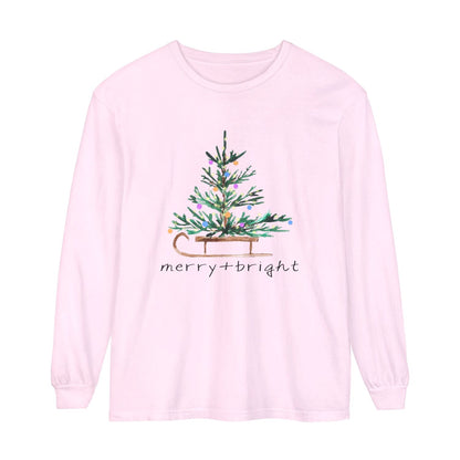 Merry & Bright Christmas Tree Long Sleeve Shirt For Women