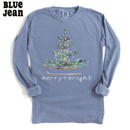 Merry & Bright Christmas Tree Long Sleeve Shirt For Women