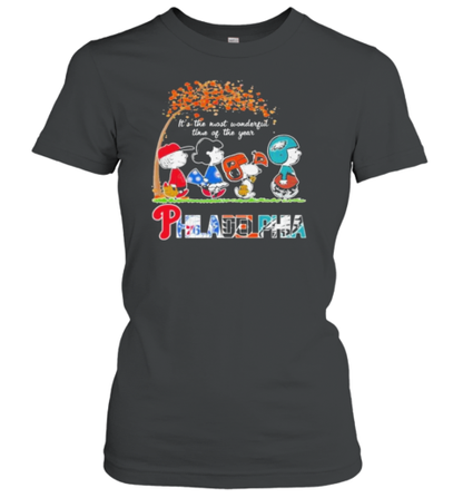 Philadelphia Sports Peanuts Characters Walking Autumn It&#39S The Most Wonderful Time Of The Year T-Shirt