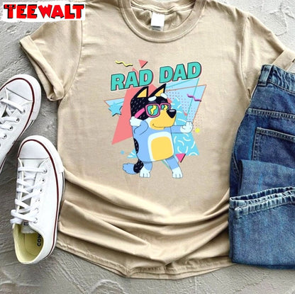 New Rare Bluey Rad Dad Shirt, Groovy Bluey Bandit Crewneck Long Sleeve