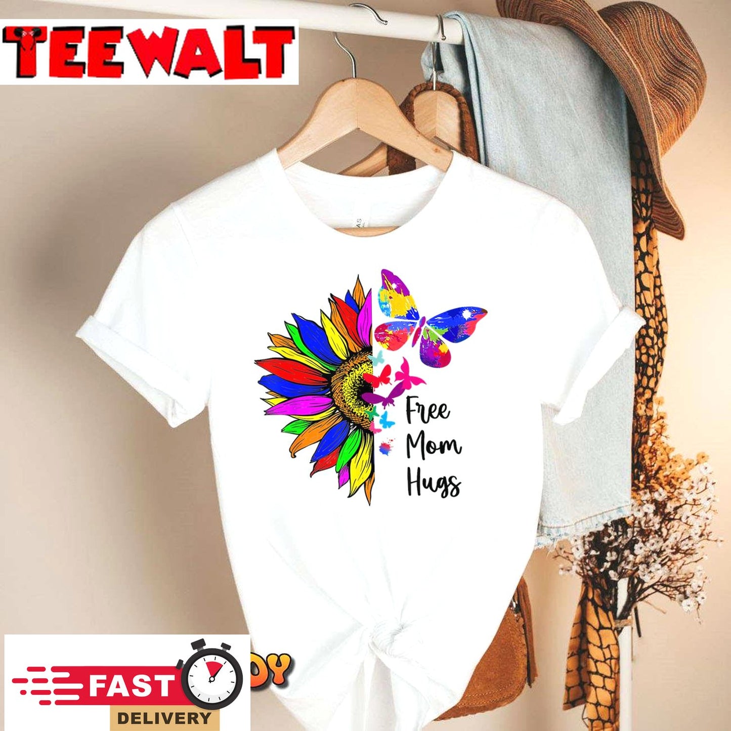 Sunflower Free Mom Hugs Shirt Butterfly LGBT Pride Month T-Shirt