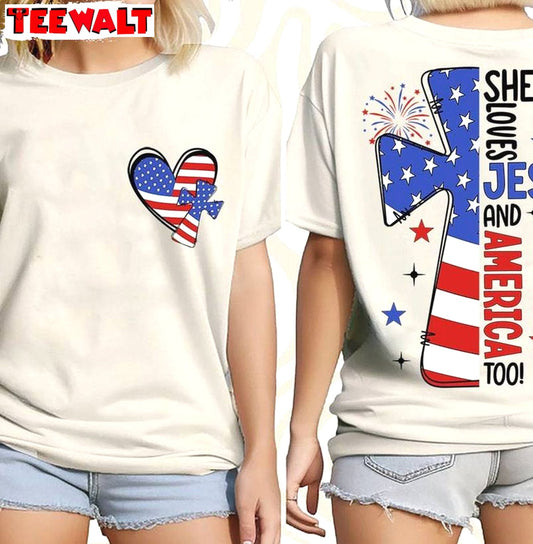 New Rare She Loves Jesus And America Too Shirt, Cross Patriotic Crewneck Long Sleeve