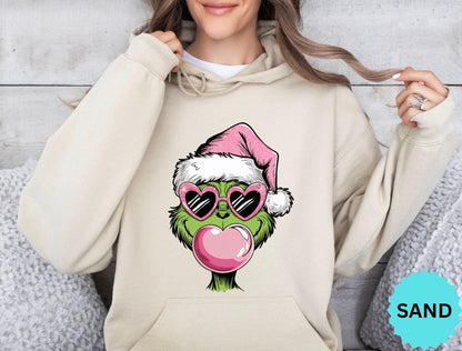 Retro Christmas Grinch With Pink Glasses Hoodie Sweatshirt