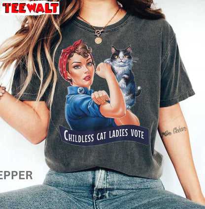 Strong Childless Cat Lady Shirt, Vote 2024 Feminist Long Sleeve Tank Top