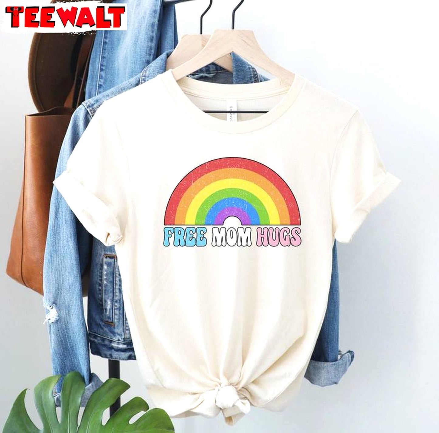 Retro Free Mom Hugs Shirt, Inspirational Lgbtq Mom Comfort Short Sleeve Crewneck