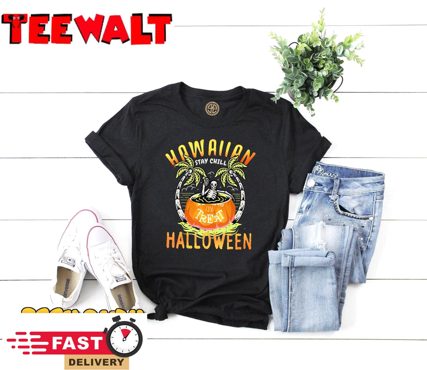 Hawaii Skeleton Chilling Trick treat Pumpkin Halloween 2022 T-Shirt