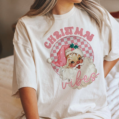 Pink Santa Retro Christmas Vibes Tee For Women