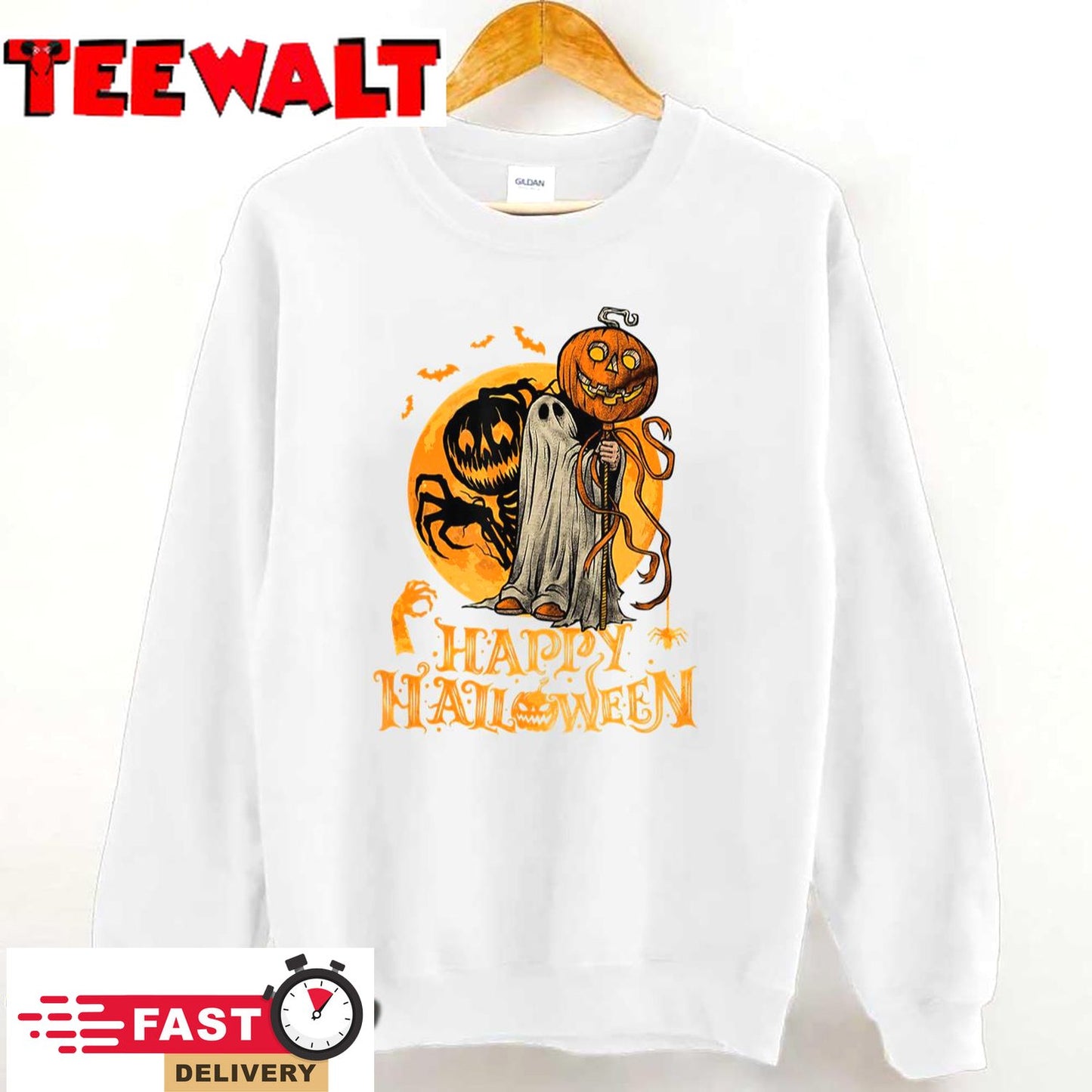 Happy Halloween Pumpkin Ghost Autumn Leaves Graphic Art T-Shirt