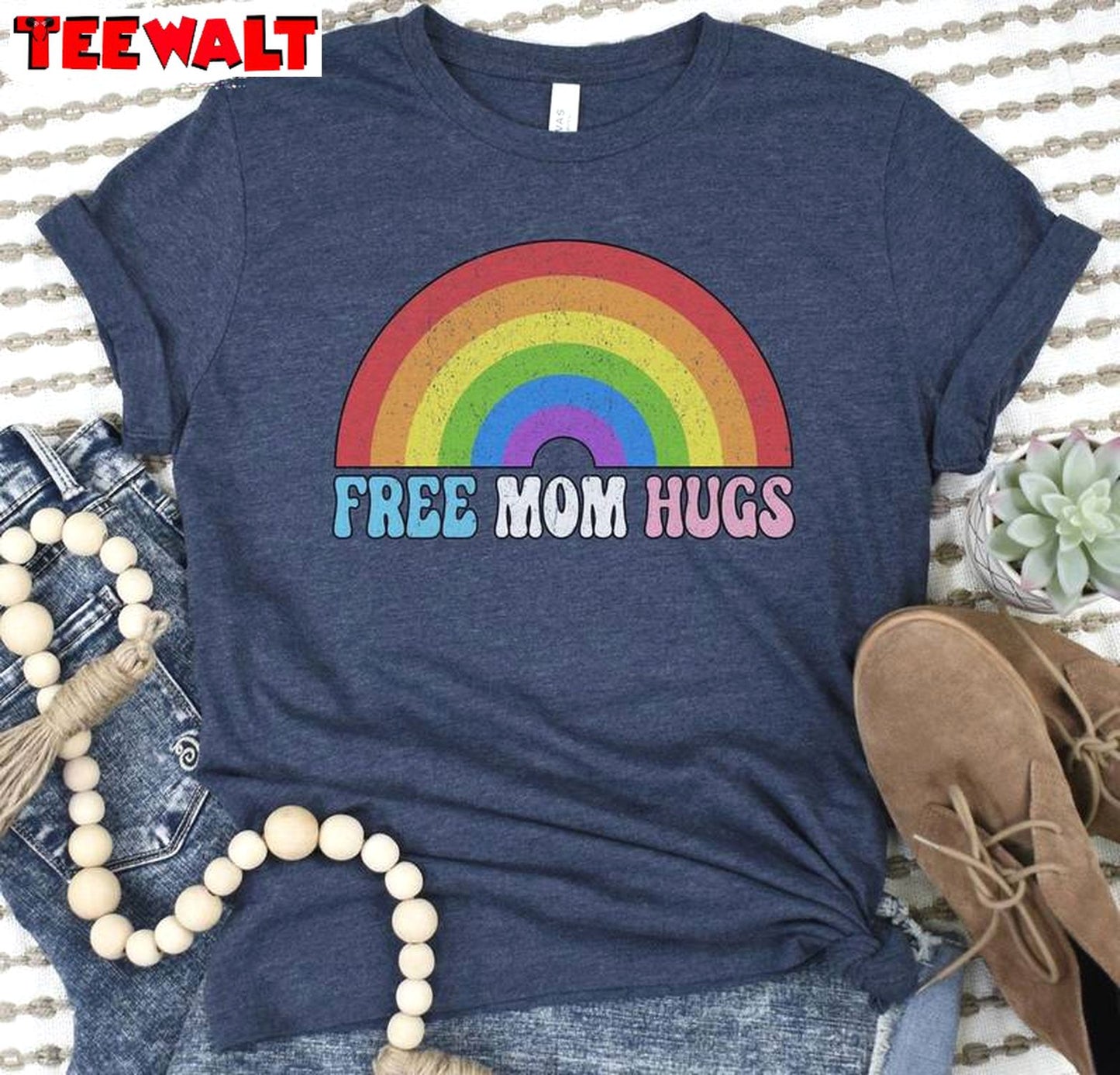 Retro Free Mom Hugs Shirt, Inspirational Lgbtq Mom Comfort Short Sleeve Crewneck