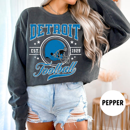 Comfort Colors Retro Detroit Football Crewneck - Lion Gift Sweatshirt