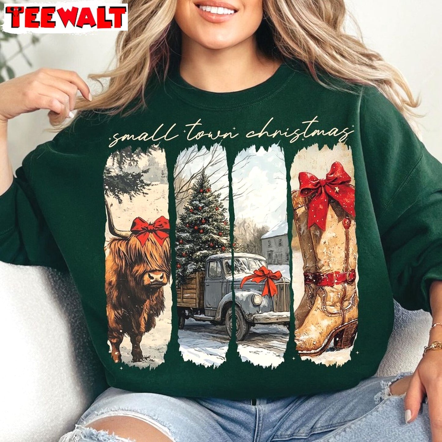 Vintage Small Town Christmas Shirt, Cowgirl Highland Tee