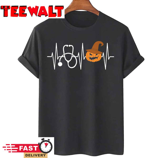 Halloween Nurse Shirt Heartbeat Pumpkin Stethoscope Nursing T-Shirt