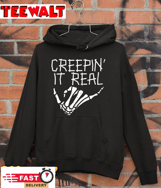 HALLOWEEN CREEPIN’ IT REAL Skeleton Hand Hang Loose Funny T-Shirt