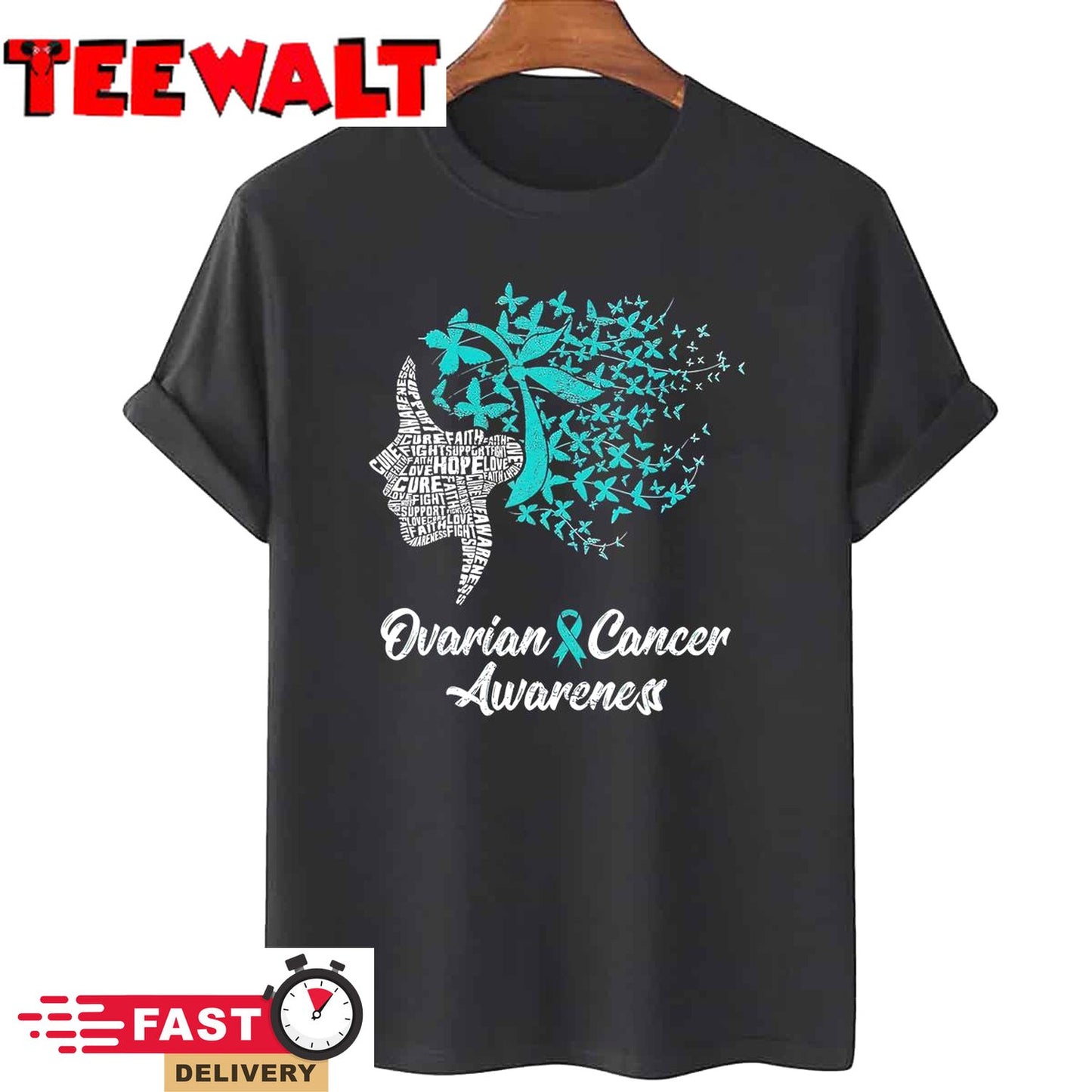 Ovarian Cancer Awareness Butterfly Teal Ribbon Women T-Shirt