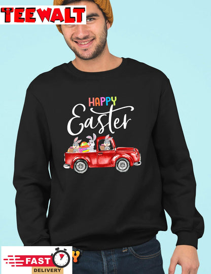 Vintage Easter Truck Bunny Eggs - Red Truck With Egg Hunting T-Shirt