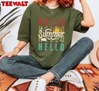 Comfort Colors Hello Summer Shirt, Retro Sunset Unisex T Shirt Long Sleeve