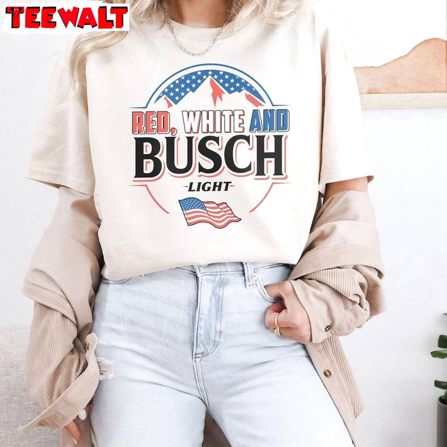 Red White And Busch Light Vintage Shirt, Creative Fourth Of July Short Sleeve Crewneck