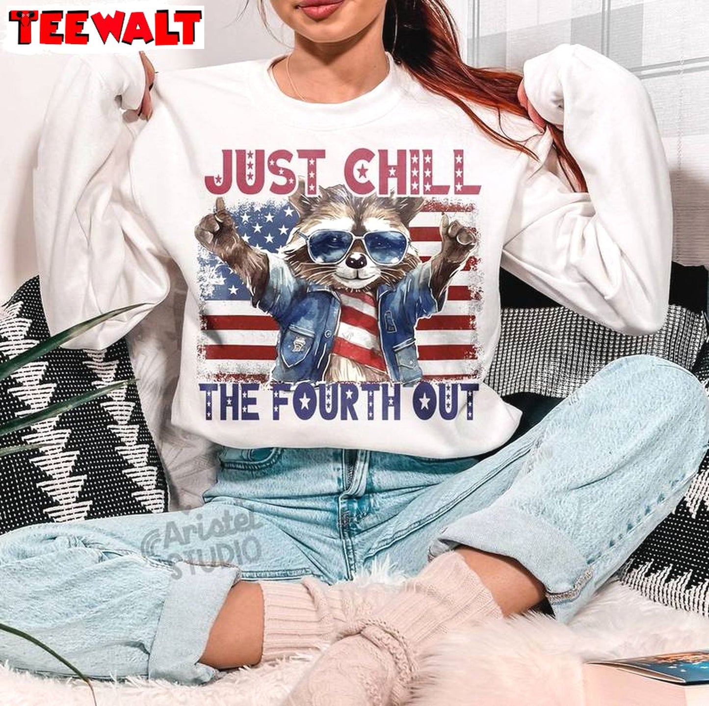 Retro 4th Of July Crewneck, Groovy Just Chill The Fourth Out Raccoon Shirt Sweater