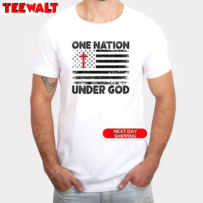 Limited One Nation Under God Shirt, American Flag With Cross Short Sleeve Crewneck