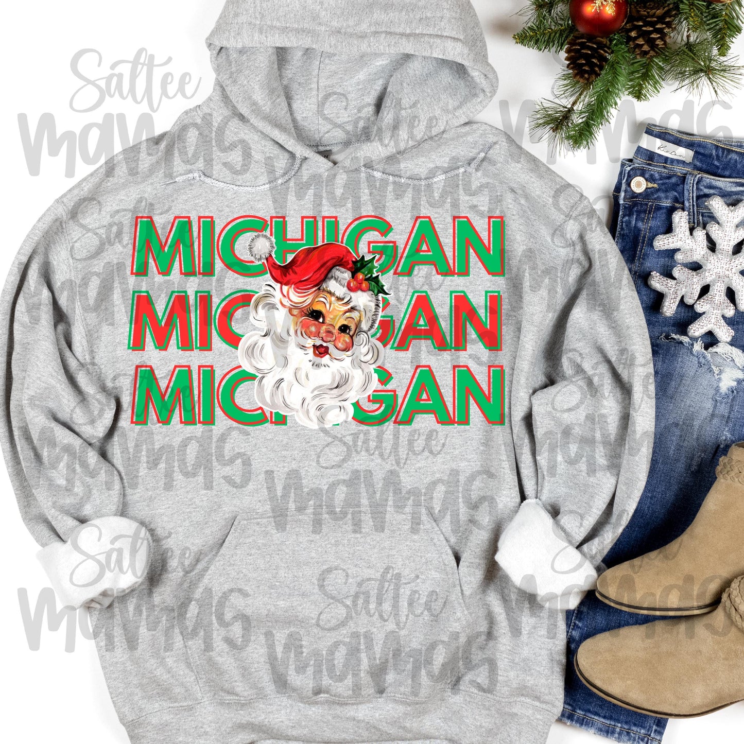 Michigan Christmas Design - Santa And Michigan Green & Red