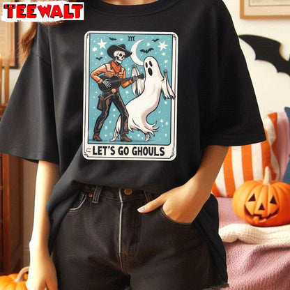 Comfort Cowboy Skeleton Dancing With Ghost Sweatshirt , Vintage Lets Go Ghouls Shirt Sweater