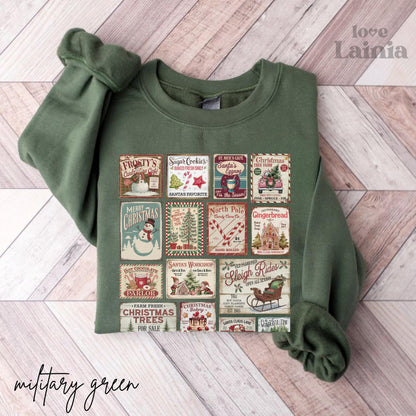 Vintage Christmas Sweatshirt, Santa Claus Tree & Stamps