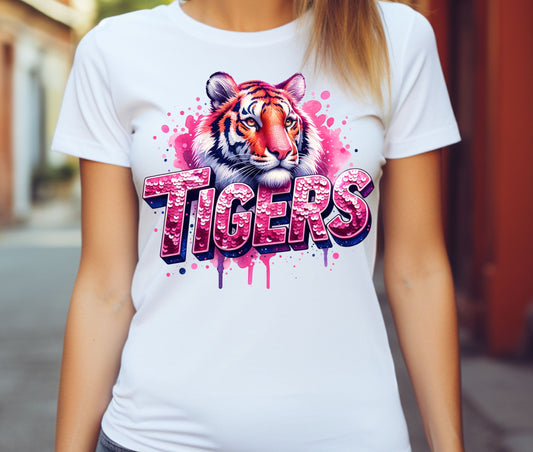 Pink Sequin Tiger Mascot Design T-Shirt For Football Season