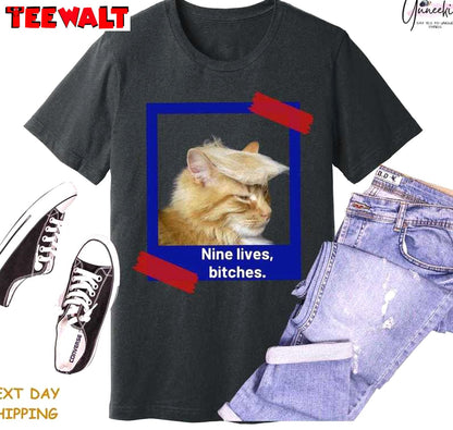 Trendy Nine Lives Bitches Shirt, Neutral Bulletproof Trump Tee Tops Sweater