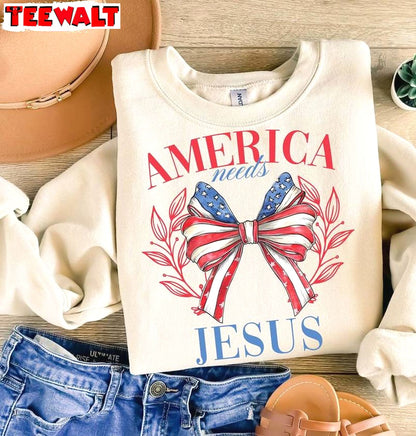 New Rare America Needs Jesus Shirt, Cool Design Coquette Bow Unisex Hoodie Short Sleeve