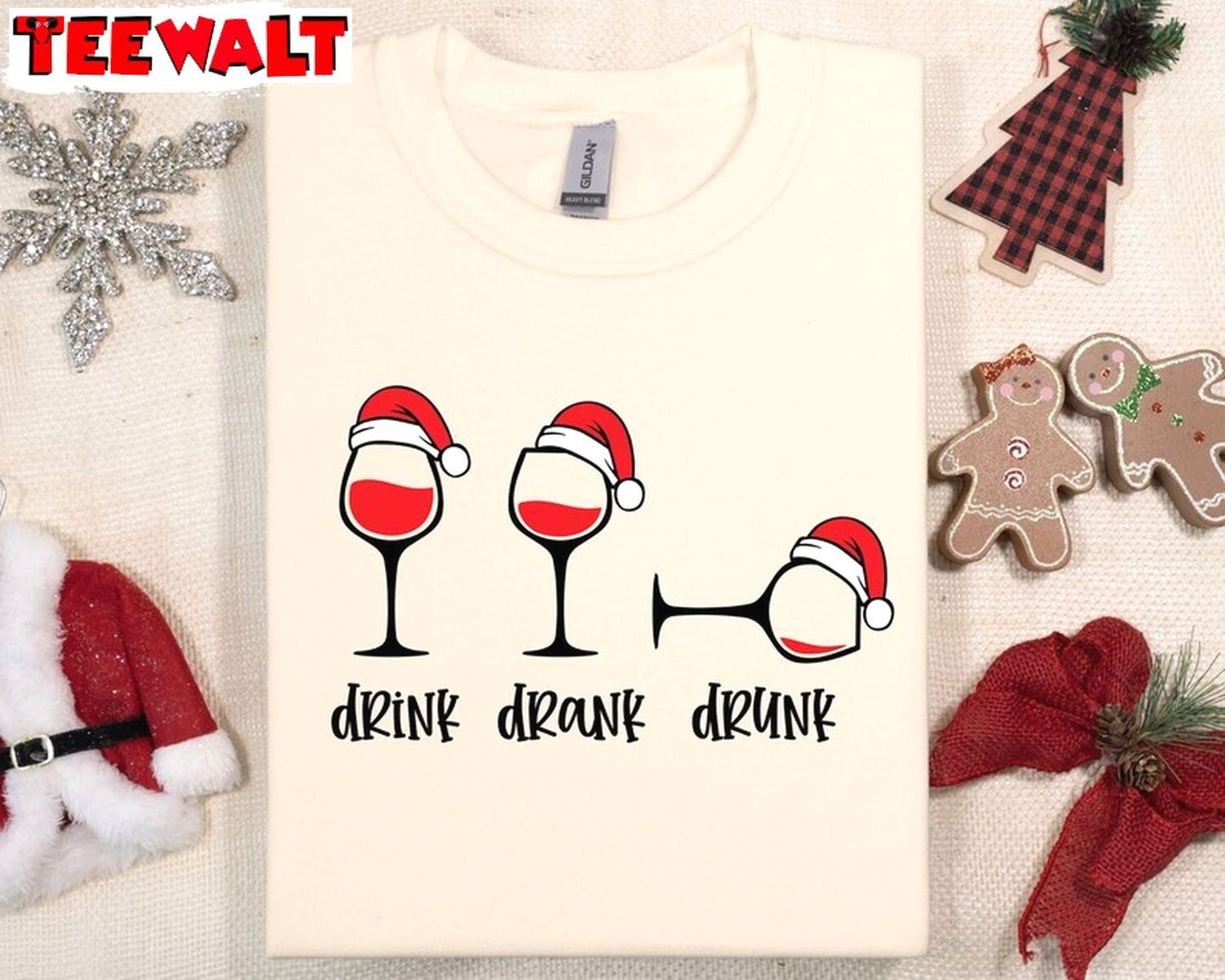 Drink Drank Drunk Christmas Sweatshirt, Funny Christmas Tee Wine Shirt