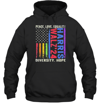 Peace Love Equality Diversity Hope Kamala Harris Tim Walz 2024 Peace Lgbt T-Shirt