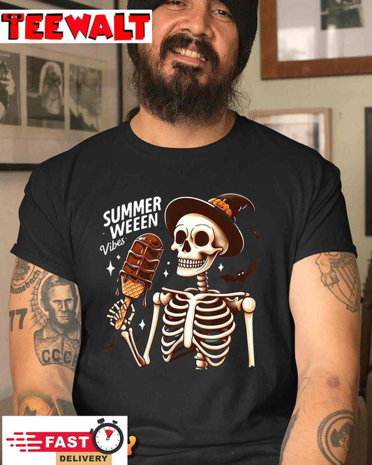 Happy Summerween Vibes Skeleton Ice Cream Summer Halloween T-Shirt