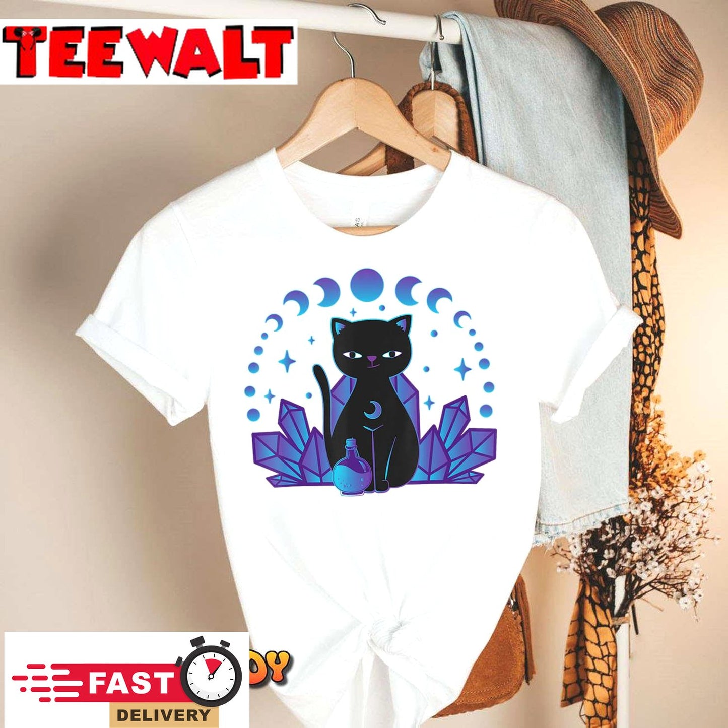 Kawaii Pastel Goth Cat Anime Manga Crystal Black Witchy T-Shirt