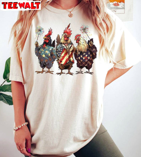 New Rare Chicken 4th Of July Shirt, Trendy Usa Flag Crewneck Long Sleeve