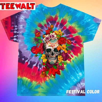 Day Of The Dead Sugar Skull With Flower Unisex Tie Dye Tee