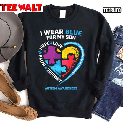 I Wear Blue For My Son Autism Awareness Puzzle Heart Unisex Sweatshirt